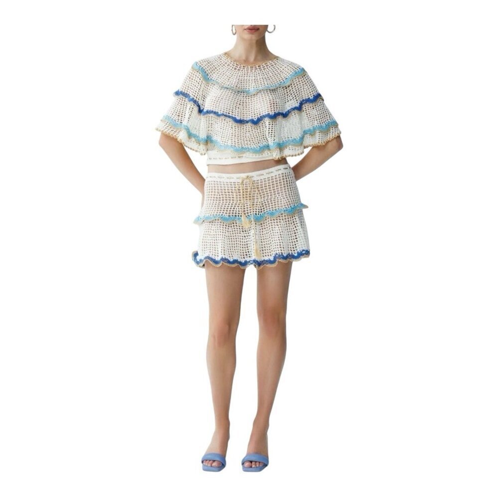My Beachy Side Rima Scalloped Crop Top Medium Crochet Malibu Blue $235 Boho - Picture 2 of 8